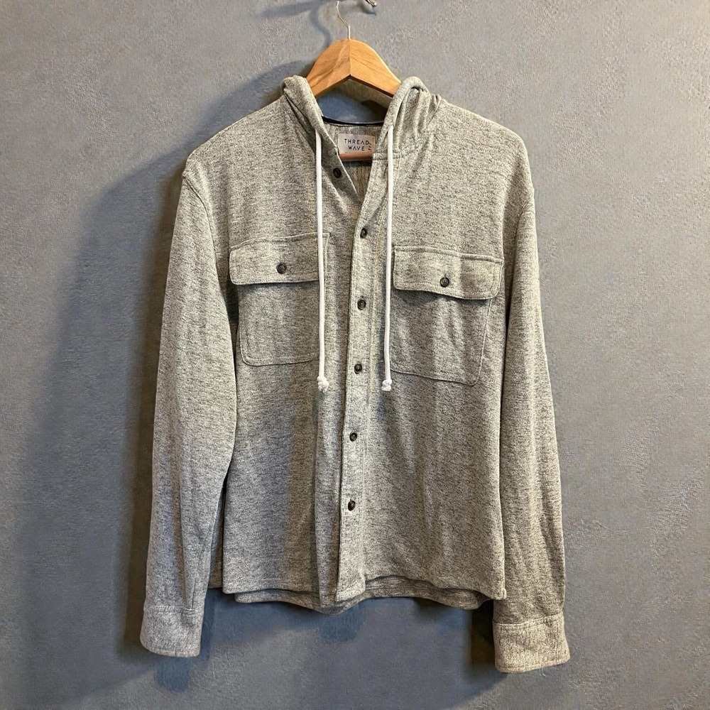 Thread Wave Mens Green Long Sleeve Button Up Hooded Shirt Jacket Sz Medium Knit